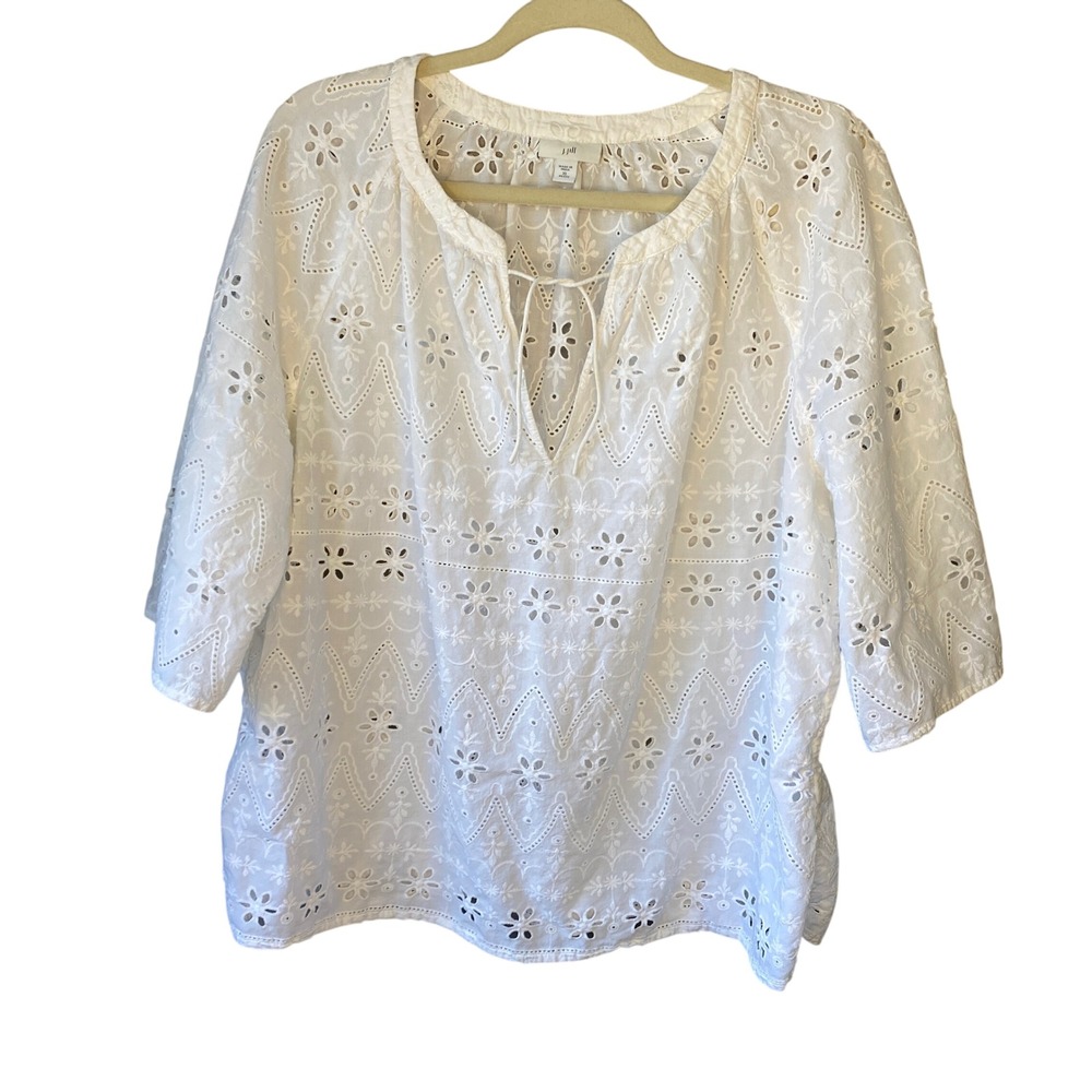 J.Jill White Cotton Eyelet Blouse XL Petite Split Neck Tie Embroidery Top